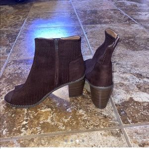 brown suede open toe heels